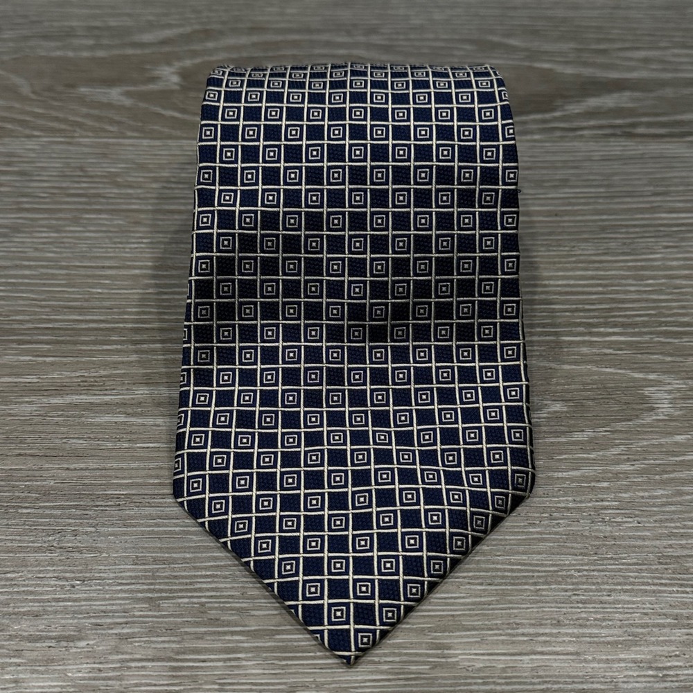 Vtg Polo Ralph Lauren Silk Tie Navy Blue Silver Geometric Squares Hand Made USA